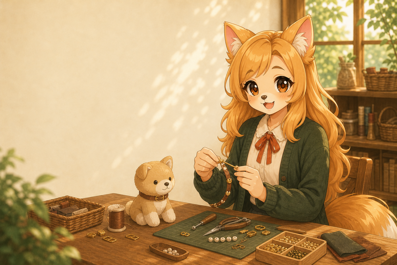 木漏れ日の入る工房で、あいのキツネ耳キャラクターが小さな首飾りを手作りしているイラスト